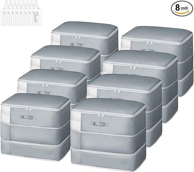 Comforter Storage Bag - Large Capacity Blanket Storage Bags 3-Layer Ultra Space Saving Self Compression Organizer, Washable Compression Bags for Storage Comforter Blanket, 8-Pack, Grey