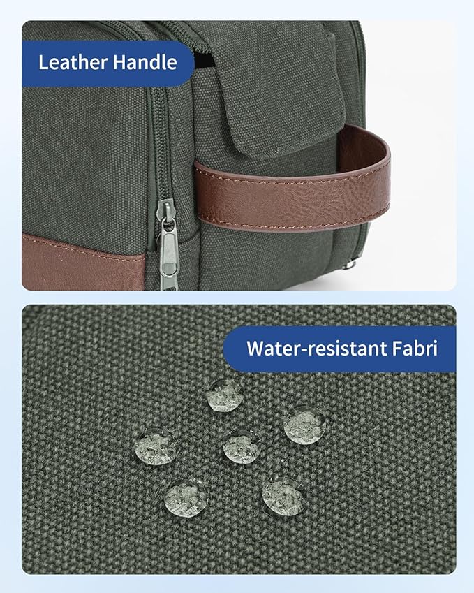 WANDF Toiletry Bag for Men Travel Toiletry Organizer Canvas and Leather Dopp Kit Water-Resistant Shaving Bag for Travel Accessories (Green, Large)