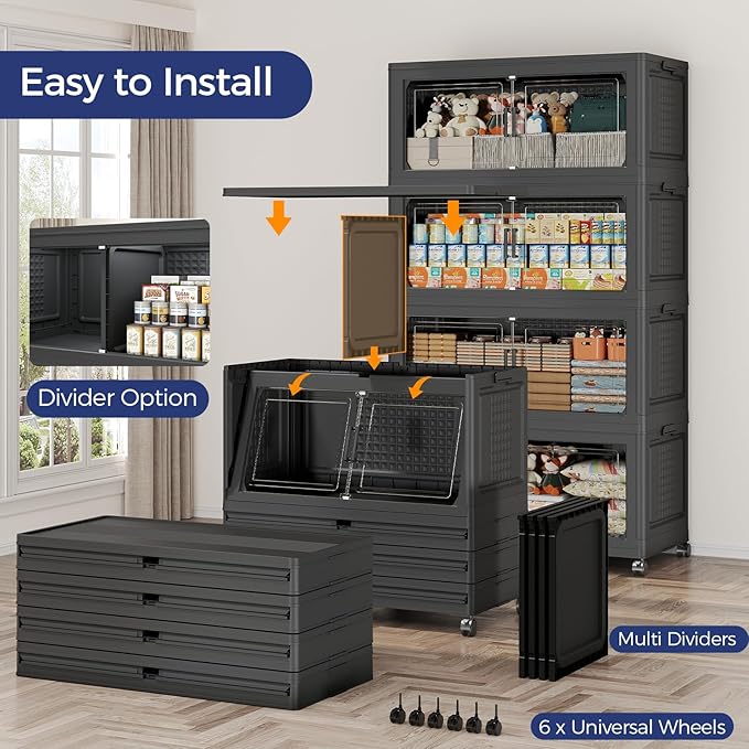 200GAL Extra Large Storage Bins with Lid, 800Qt Stackable Closet Organizers and Drawers, Collapsible Storage Bins with Wheels, Folding Storages Cabinet for Home Bedroom Office, 4Pack Black