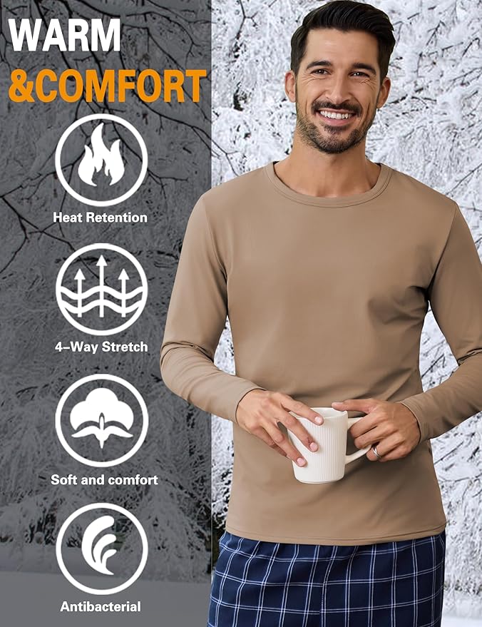 URRU Thermal Underwear for Men High Stretch Fleece Lined Long Sleeve Crewneck Thermal Shirts Base Layer Top Men Cold Weather