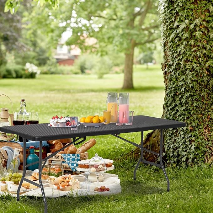 PayLessHere Folding Tables Plastic 6ft Folding Table Half Portable Foldable Table for for Parties Wedding BBQ Camping,Garden, Party, Black Ratten 6FT