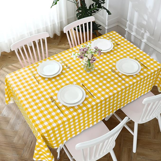 Romanstile Square Vinyl PVC Tablecloth, 100% Waterproof Buffalo Plaid Plastic Table Cloth, Oil Proof Heavy Duty Wipeable Table Covers for Dining/Camping/Picnic/Outdoor - 54 x 54, Yellow and White