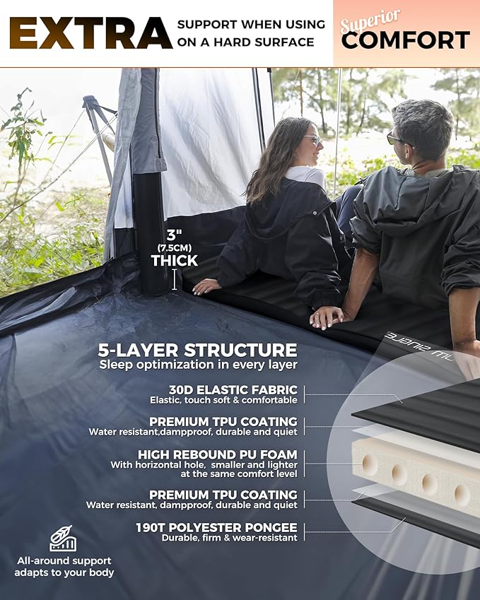 KingCamp Self Inflating Sleeping Pad, R 7.9 Air & Foam Sleeping Pad for Camping All Seasons, 3" Thick Single Camping Mattress for Camp Tent Outdoor Car, PVC Free (Black)