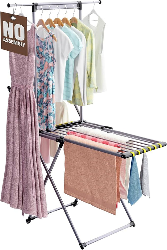 Clothes Drying Rack with Sock Clip, No Assembly, Telescopic Hanging Rod for Long Clothing, Metal Construction, Non-Slip Feet, Hidden Wheels, Foldable, Portable, For Laundry Room, Indoor & Outdoor