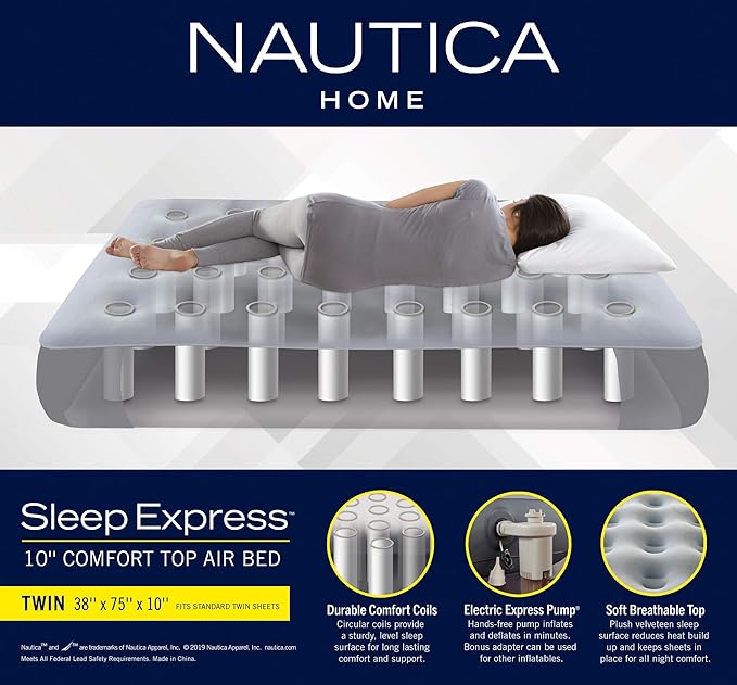 Nautica Home Express Sleep Air Mattress Inflatable Bed for Guests, Travel and Camping: Support Comfort System with Puncture Resistance Vinyl, Twin
