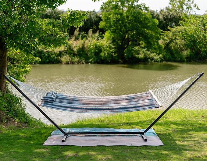 Lazy Daze Hammocks 12FT Quilted Fabric Hammock with Pillow, Double 2 Person Hammock with Spreader Bar for Outdoor Outside Patio Garden Yard Pool Beach QFH034