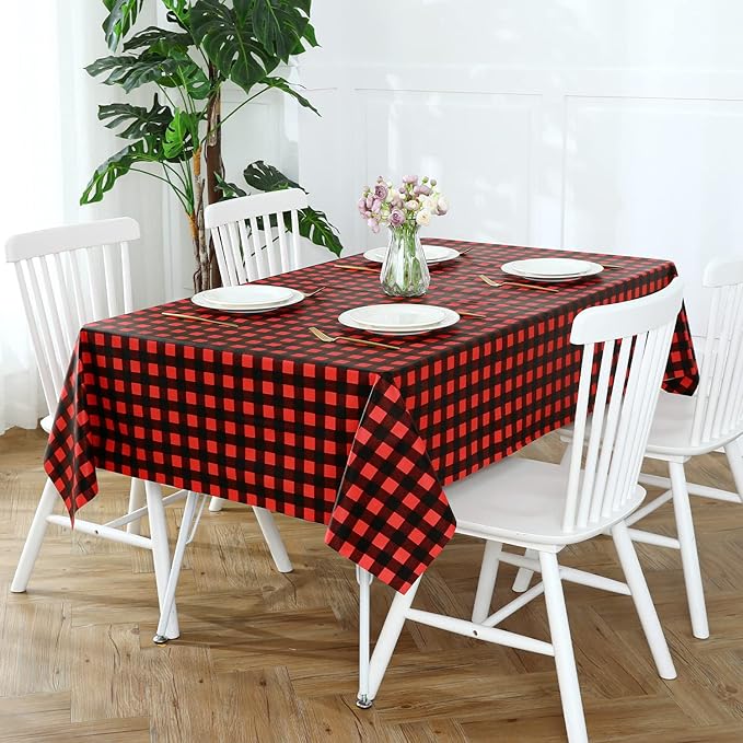 Romanstile Rectangle Vinyl PVC Tablecloth, 100% Waterproof Buffalo Plaid Plastic Table Cloth, Oil Proof Heavy Duty Wipeable Table Covers for Dining/Camping/Picnic/Outdoor - 60 x 84, Black and Red