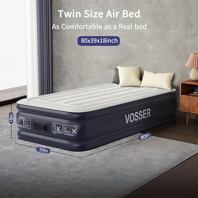Twin Air Mattress with Built in Pump Raised,18''Inflatable Mattress of Upgraded Vertical Beams,Self Inflatable Blow Up Mattress in 3 Mins,Flocked Top Airbed with Carry Bag for Home,Camping