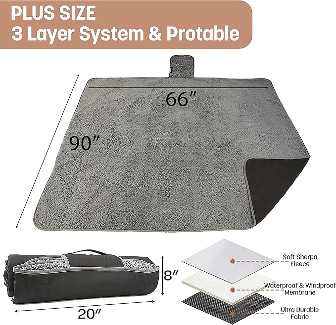 Tirrinia Waterproof Outdoor Blanket with Sherpa Lining, Windproof Triple Layers Warm Comfy Foldable for Camping Stadium, Beach, Picnic, Grass, Concerts, Car, Dog, 51''X 59'' & 59''X 80''