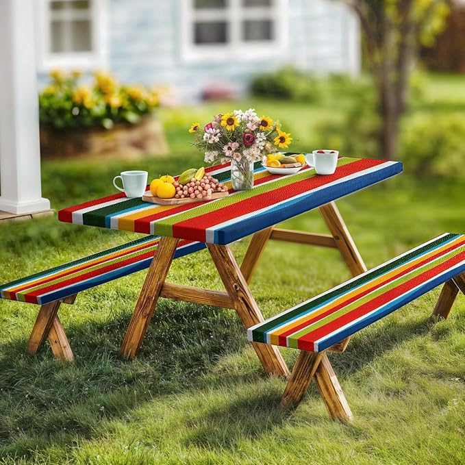JAWO Picnic Table Covers with Bench Covers Modern Stripe Camping Tablecloth 6FT for 6 Person Fitted Picnic Table Cover with Elastic Windproof Waterproof Fabric, Camping Accessories Patio & Outdoor