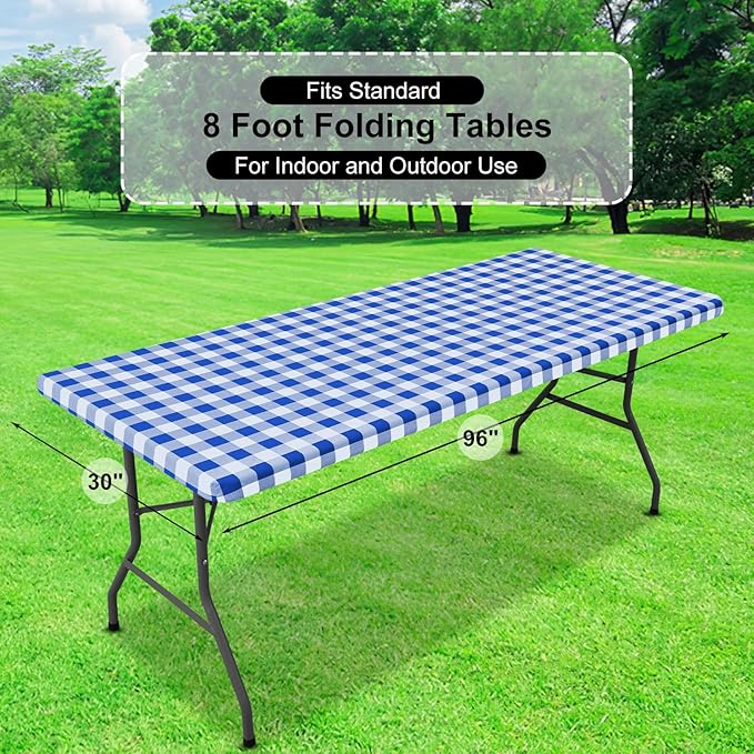 misaya Buffalo Rectangle Picnic Tablecloth, 8 Foot Elastic Fitted Vinyl Table Cloth with Flannel Backing, Waterproof Plaid Table Covers for Dining, Camping, Outdoor (Blue and White, 30" x 96")