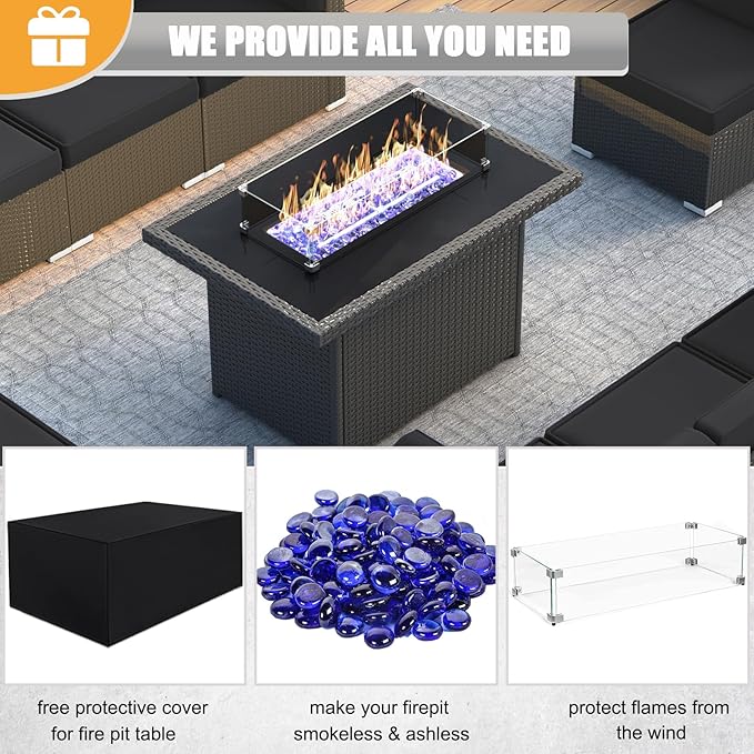 LayinSun 10 Piece Patio Furniture Set with 44" Propane Gas Fire Pit Table, Outdoor Sectional Conversation Set Wicker Rattan Sofa Set with Coffee Table
