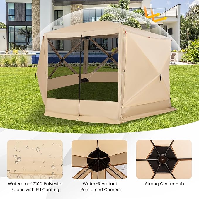 Tangkula 11.5x11.5 Ft Pop Up Gazebo with Netting, Portable Screen Tent with 6 Sided Mesh Walls, 2 Sunshade Cloths, Outdoor Instant Canopy Shelter with Carry Bag for Camping, Lawn, Backyard