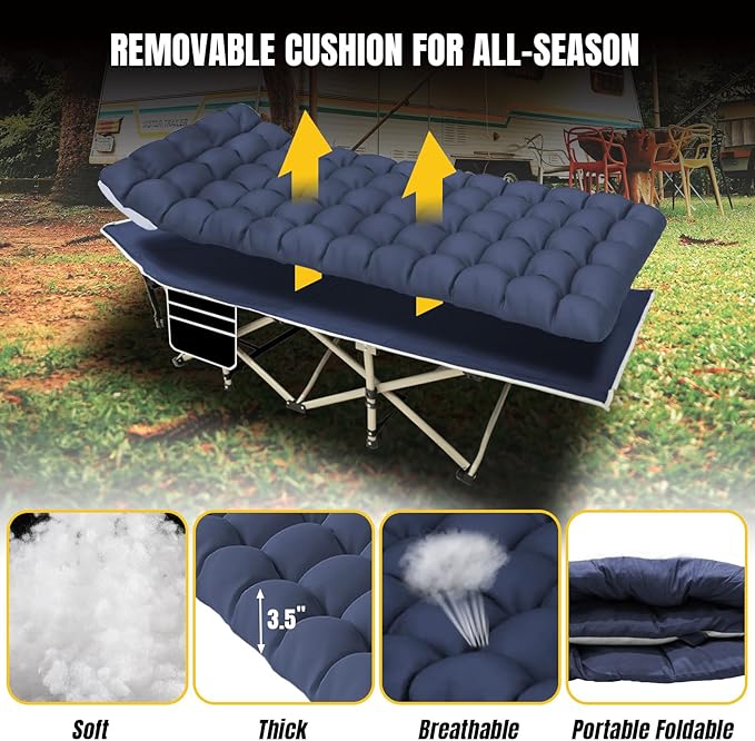 YELLOW JACKET Folding Camping Cot for Adults,600LBS Max Load,28" Wide Sleeping Cot with Removable Thick Mattress Portable Foldable Camping Bed with Carry Bag for Camp,Home,Office,Travel,Blue