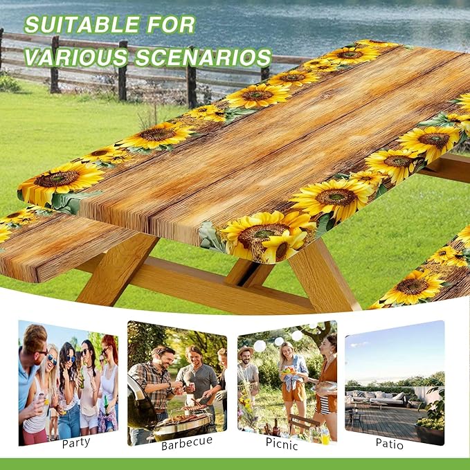 Picnic Table Cover with Bench Covers, Sunflower Wood Grain Pattern Elastic Edges, Waterproof Windproof Fitted Tablecloth, for Outdoor Camping Patio Garden, Includes Drawstring Bag, 72 in