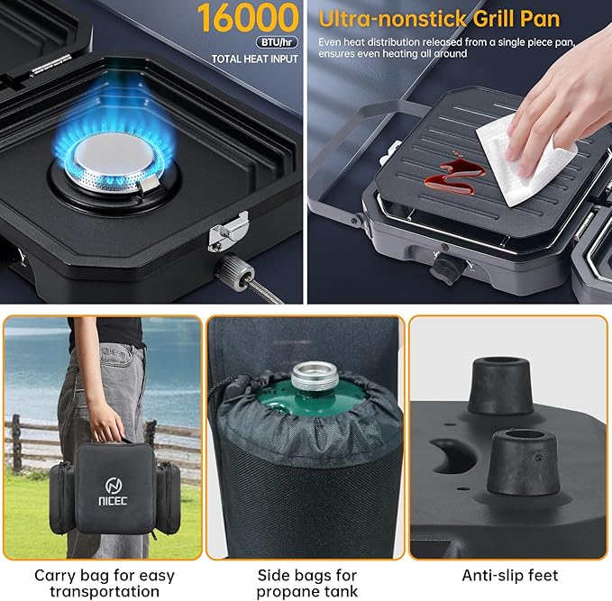 Nice C Camping Stove, Camping Stove Propane, 2 Burner Propane Camping Stove with Grill, Camp Stove, Portable Stove, 16,000 BTU Camp Stove with 2 Burner, Grill & Carry Bag for Camping