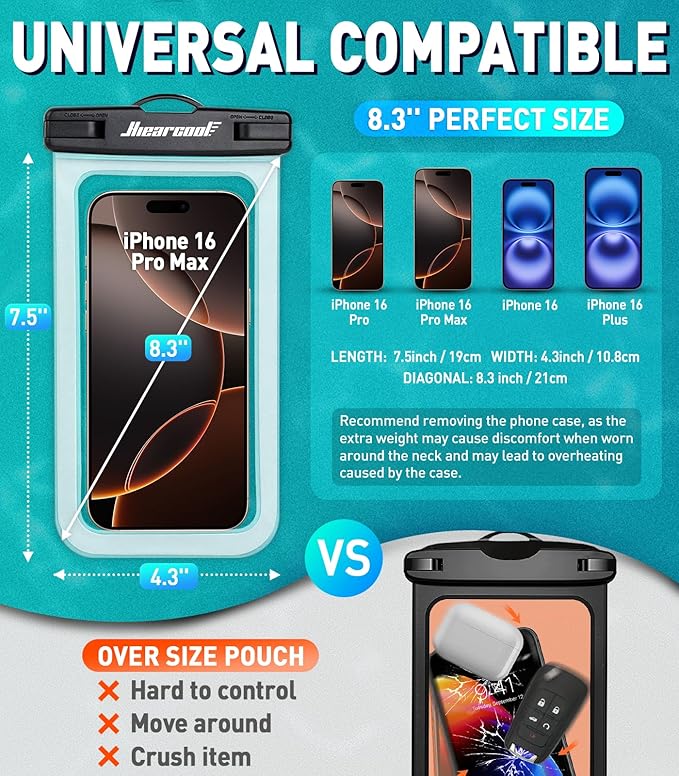 Hiearcool Waterproof Phone Pouch, Waterproof Beach Bag Compatible for iPhone 16 15 14 13 Pro Max Up to 8.3", IPX8 Cellphone Kayak Accessories, Travel Essentials for Beach -Clear-2Pack