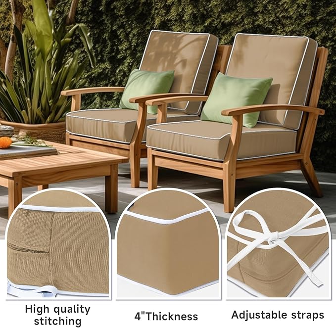 PNP FKJP 2 Pack Outdoor Chair Cushion 20" X 20" X 4", Waterproof Outdoor Seat Cushions with Non-Skid Ties, Khaki (Cushion + Cover)