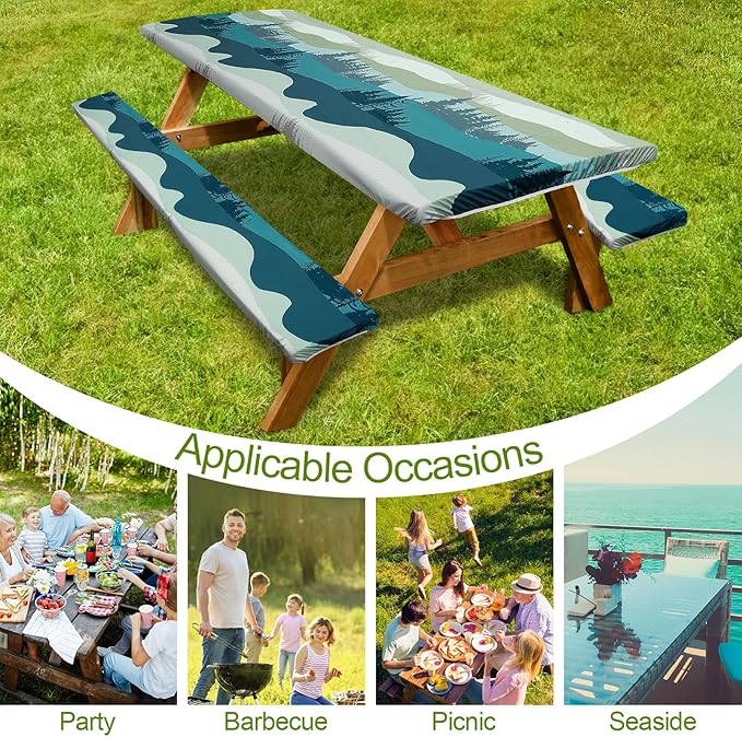 Picnic Table Cover with Bench Covers Camping Essentials Waterproof Windproof Camping Tablecloth with Drawstring Bag, Fitted Rectangle Tables and Seats, 96in, Green Blue