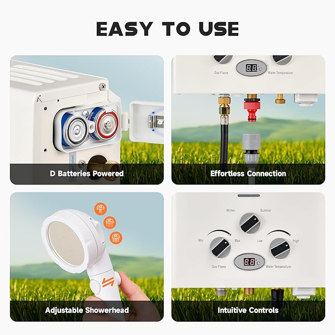 DARTMOOR LPG Portable Water Heater, Outdoor Tankless Propane Water Heater with Adjustable Flow & Showerhead, 1.6gpm Camping LPG Heater for Hot Water, Battery Powered Propane Shower Heater for Outdoor
