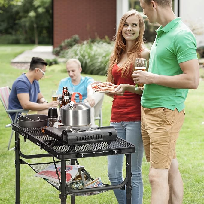RedSwing Tri-fold Folding Picnic Table, Lightweight Height Adjustable Aluminum Frame Table with Mesh Layer for Outdoor Camping Picnic BBQ, Black