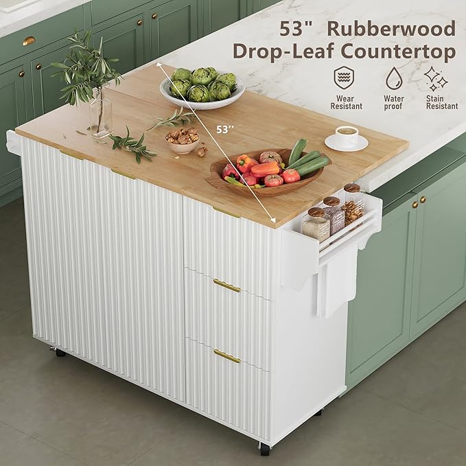 win2win Rolling Kitchen Island with Storage, Portable Kitchen Island with Drop Leaf Breakfast Bar, Modern Farmhouse Kitchen Cart on Wheels with Fluted Design, Towel Rack, Spice Rack, White