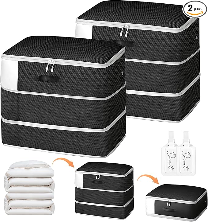 Comforter Storage Bag - Large Capacity Blanket Storage Bags 3-Layer Ultra Space Saving Self Compression Organizer, Washable Compression Bags for Storage Comforter Blanket, 2-Pack, Black
