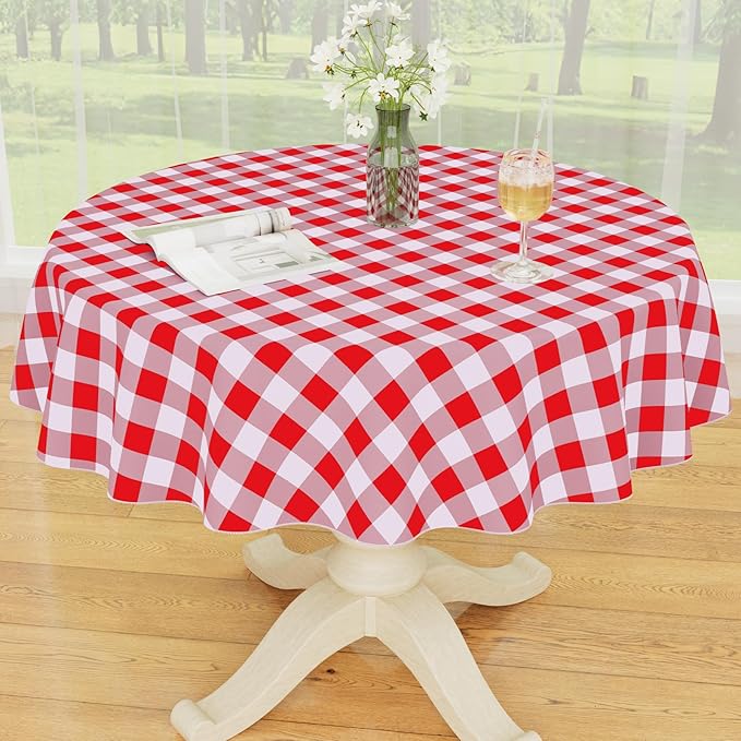 Smiry Round Plastic Table Cloth, Waterproof Vinyl Tablecloth with Flannel Backing, Wipeable Buffalo Plaid Table Cover for Dining, Indoor and Outdoor (Red & White, 60" Round)