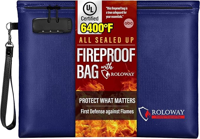 ROLOWAY Fireproof Document Bag (14.5 x 11.5 inch), 6400℉ Fireproof Money Bag with Zipper for Cash, Fire Safe Money Pouch with Lock (Blue)