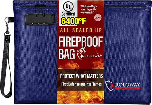 ROLOWAY Fireproof Document Bag (14.5 x 11.5 inch), 6400℉ Fireproof Money Bag with Zipper for Cash, Fire Safe Money Pouch with Lock (Blue)