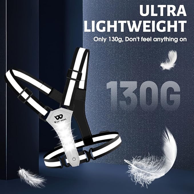 West Biking Running Vest Light - Led Running Reflective Gear for Walking at Night, High Visibility Night Rechargeable Light Up Running Vest, Adjustable Running Lights for Runners