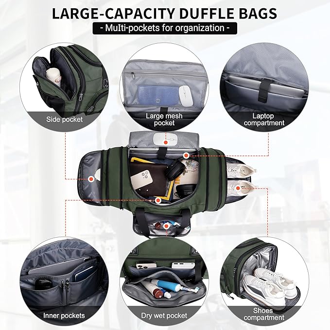 WITZMAN Duffle Bag for Men Nylon Large Gym Weekender Bag with Shoe Compartment Expandable Carry on Overnight Bag(B695 Army Green)