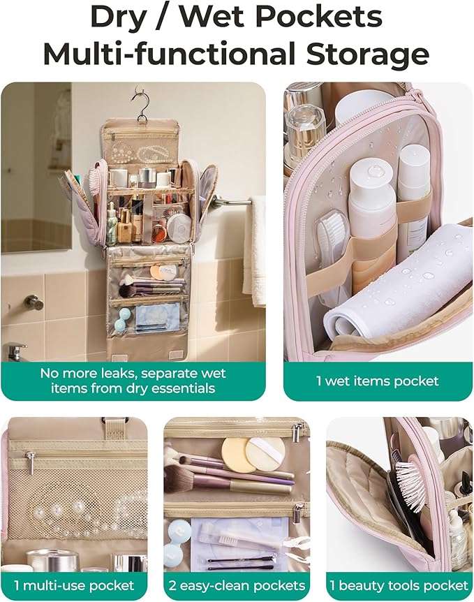 BAGSMART Toiletry Bag for Women with Hanging Hook, Puffy Water-resistant Makeup Cosmetic Bag for Accessories, Shampoo, Full-size Container, Toiletries, Beige