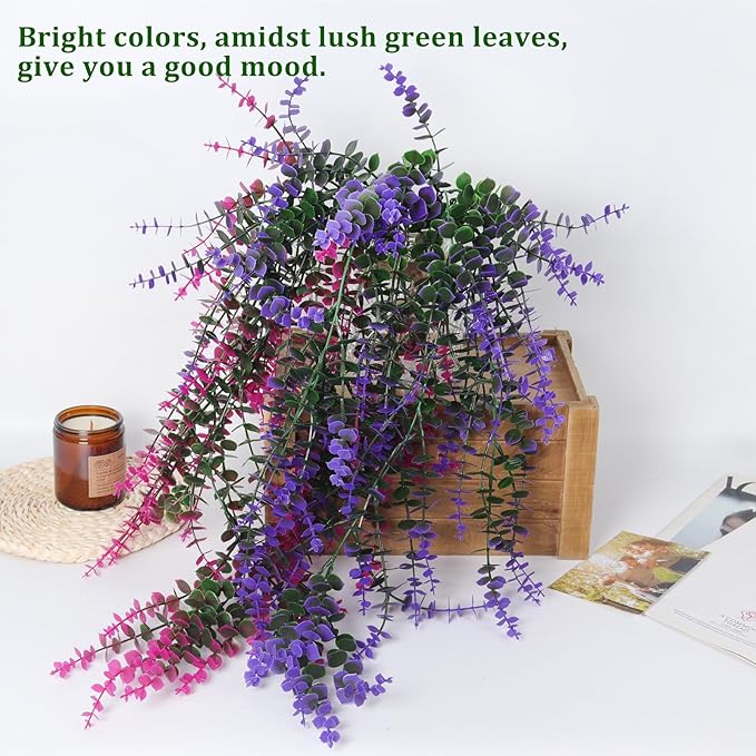 RECUTMS Artificial Plants Fake Eucalyptus Plants Faux Hanging Leaves Green Plant Artificial Hanging Plant for Indoor Home Room Kitchen Table Outdoor Patio Garden Yard Decor(Purple)