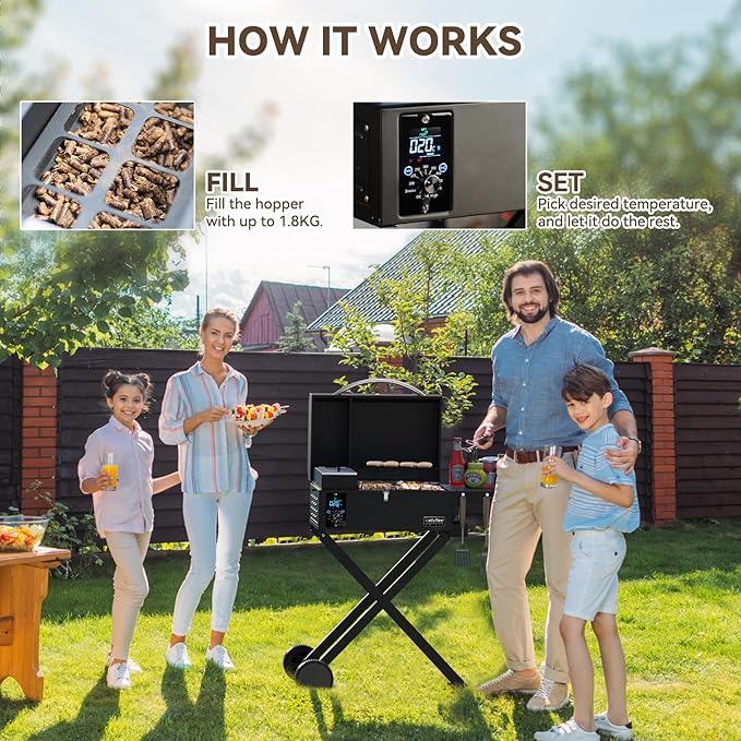 Onlyfire BBQ Wood Pellet Grill Smoker with Foldable Cart, Meat Probe, 2 Tiers Cooking Area, Portable Tabletop Grilling Stove for Outdoor Kitchen Cooking Smoke and Roast, RV Camping, Black GS343