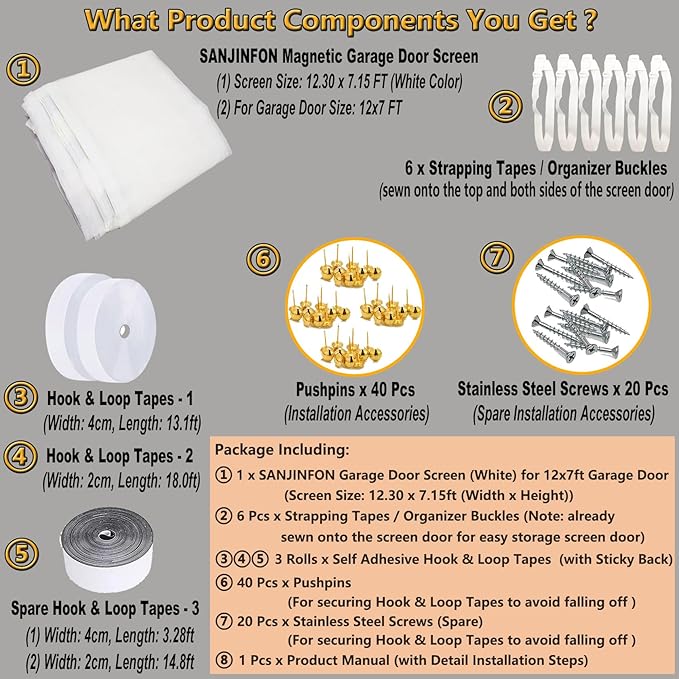 Magnetic Garage Door Screen Kit 12x7 FT White - Retractable Mesh Net Screen Door with Fiberglass Mesh for 1 Car Garage 12x7ft, Blocks Bugs & Provides Privacy - Perfect for Workshop Gym Patio