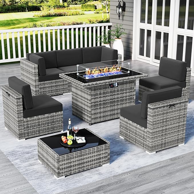LayinSun 8 Piece Patio Furniture Set with Fire Pit Table, Outdoor Conversation Sets Wicker Rattan Sectional Sofa with Coffee Table