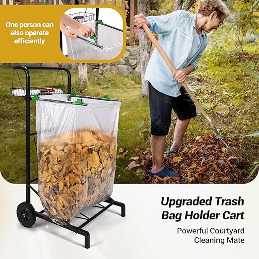 CAROD Upgraded Trash Bag Holder Cart with Storage Basket and Ergonomic Handle, Adjustable Outdoor Leaf Bag Holder from 30-45 Gallon Capacity, Ideal for Yard Clean-Up, Camping, Parties,Leaf Collection