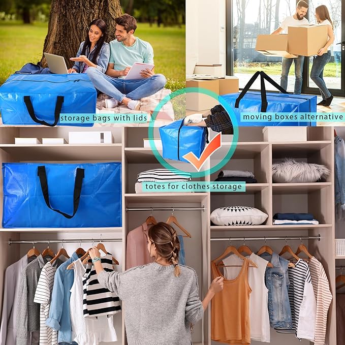 4 Pack Heavy Duty Extra Large Moving Bags Storage Tote - Strong Handles& Backpack Straps - Space Saving Storage Bags Alternative to Moving Boxes and Bins,Compatible with Ikea Frakta Cart, Blue