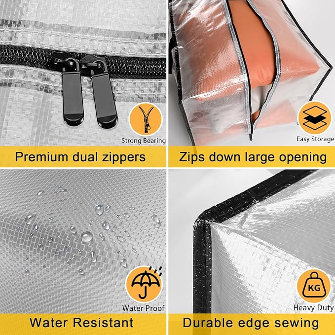 Clear Storage Bags with Zipper, 2 Pack Large Moving Bags Heavy Duty Extra Large, Plastic Storage Totes for Clothes, College dorm Packing Bags with Strong Handles