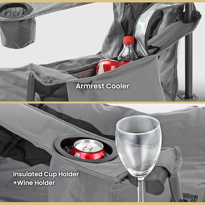ARROWHEAD OUTDOOR Portable Folding Camping Quad Chair w/ 6-Can Cooler, Cup & Wine Glass Holders, Heavy-Duty Carrying Bag, Padded Armrests, Headrest & Seat, Supports up to 550lbs, USA-Based Support