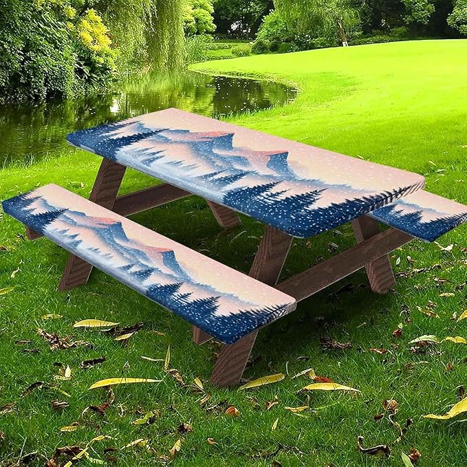 CAPSCEOLL Fitted Picnic Table Cover with Bench Covers with Elastic 6Ft Waterproof Camping Picnic Table Cover Cloths for Outdoors Camping Tablecloth with Drawstring Bag, 72X30in, Snow Mountain