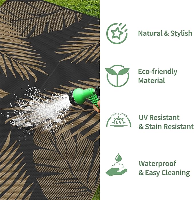 GENIMO Outdoor Rug 9' x 18' Waterproof for Patios Clearance, Reversible Outdoor Plastic Straw Camping Rug Carpet, Large Area Rugs Mats for RV, Camper, Deck, Balcony, Porch, Beach, Picnic, Black&Brown