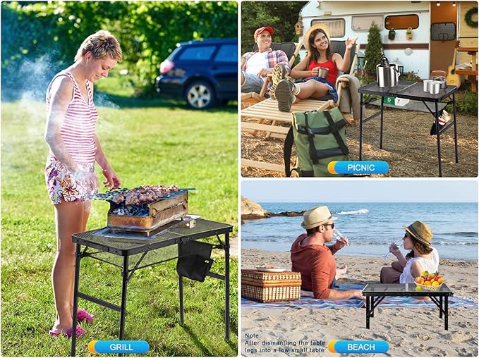 Small Floding Grill Table with Mesh Layer, 2 Height Adjustable, Portable & Lightweight Metal Camping Table for Outdoor, Beach & BBQ - Compact (2 FT, Black)