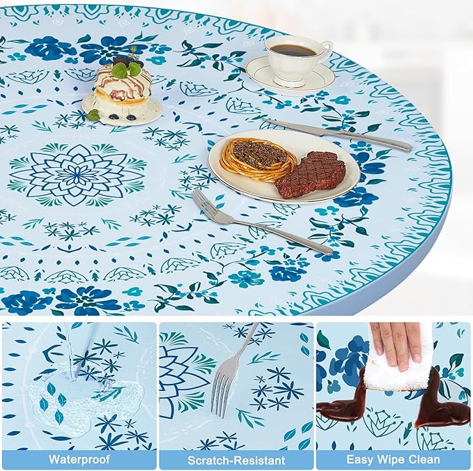 Round Tablecloth Fitted Elastic Table Cover Waterproof Table Cloth for Dinner, Party, Picnic,Camping, Round Table Cover for Indoor Outdoor
