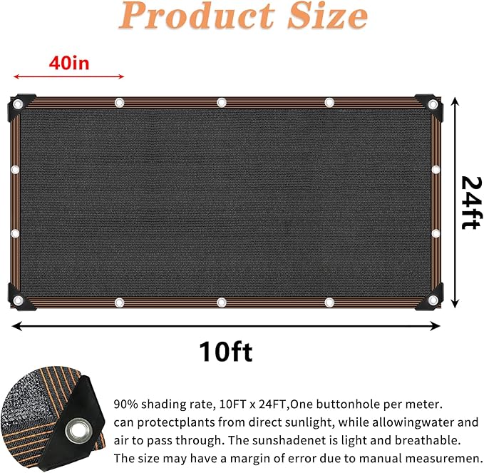 90% Black Shade Cloth, 10x24 FT Mesh Tarp Sun Shade Cloth with Grommets, Sun Protection Sail for Garden Greenhouse Pergola Plants Chicken Coop Patio Outdoor Neting Cover