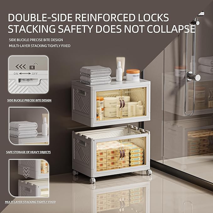 132 QT / 33 Gal White Storage Bins with 1 Lid - Collapsible Stackable Cabinet Organizer w/Wheels & Magnetic Doors, Plastic Storage Box for Office Closet Organization