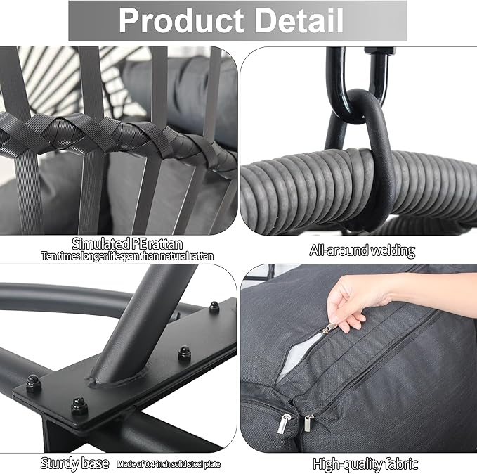 Hanging Egg Chair with Stand - Egg Swing Chair Outdoor Indoor Patio Wicker Chair Swing Hammock Egg Chairs 400lbs Capacity for Outside Patio, Bedroom, Garden and Balcony (Black-Regular, 2P)