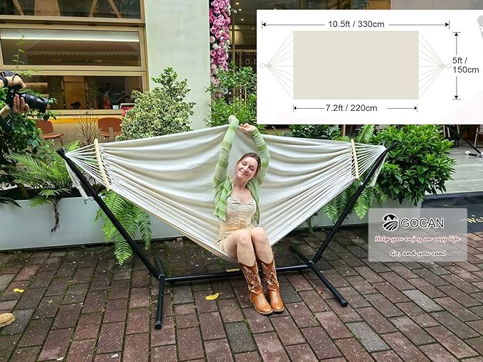 Double Hammock 2 Person Extra Large 220x150cm Total Length 330cm Load 500lb Canvas Cotton Hammock for Patio Porch Garden Backyard Lounging Outdoor and Indoor with Removable Spreader bar