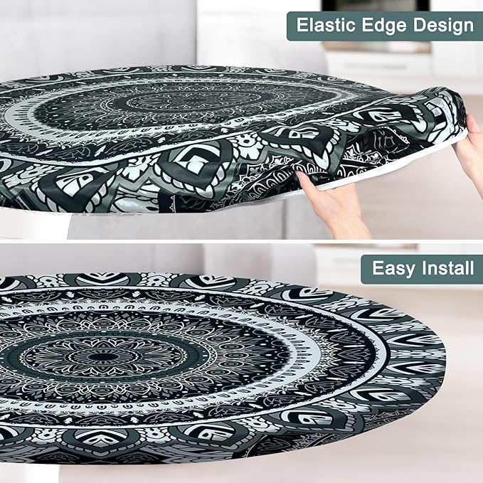 Round Tablecloth Fitted Elastic Table Cover Waterproof Table Cloth for Dinner, Party, Picnic,Camping, Round Table Cover for Indoor Outdoor